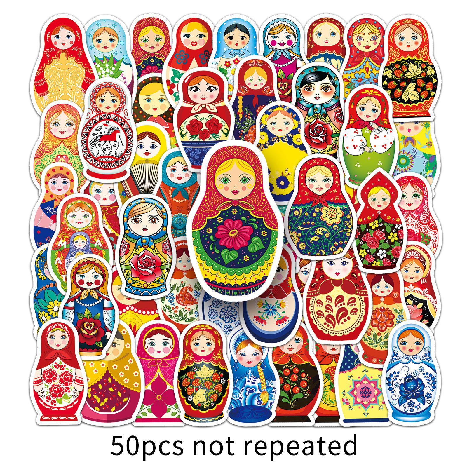 

50pc Cute Cartoon Matryoshka Doll Stickers - Waterproof Decor for Suitcases & Phones