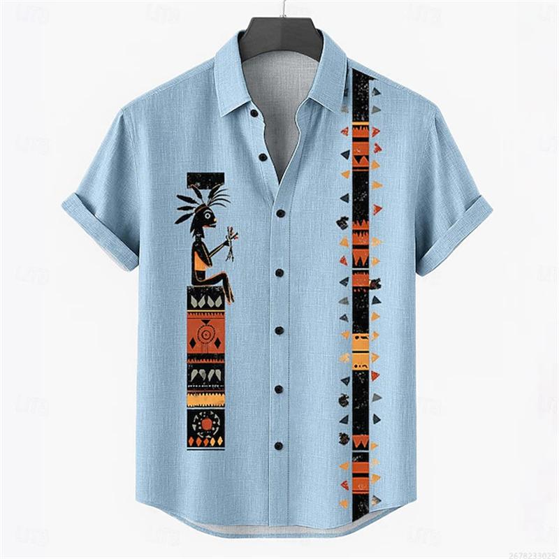 Men s Retro Style Casual Shirts Men s Tops with Tribal Prints, Short-sleeved Casual Beach Shirts, Hawaiian Style Shirts S