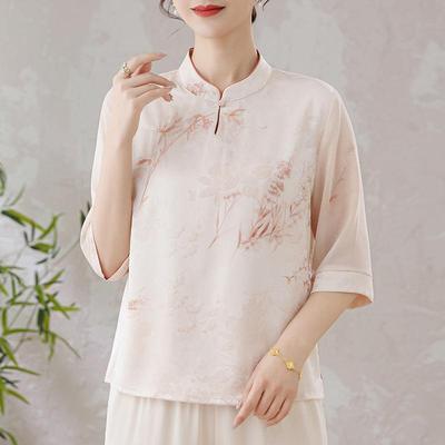 Elegant 2026 Summer Chinese Style Imitation Silk T-shirt with Gauze Sleeves for Middle-aged and Elderly Women
