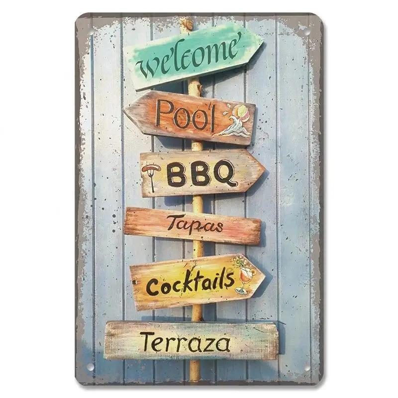 D Flat Metal Sign Vintage Welcome Garden Tin Sign Set Rustic Home Decor Butterfly Flower Watering Can Wall Art