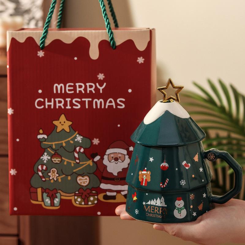 Kreative Weihnachtsbaum-Tasse Keramiktasse mit Deckel Mädchen Hochwertiges Weihnachtsgeschenk Büro-Kaffeetasse