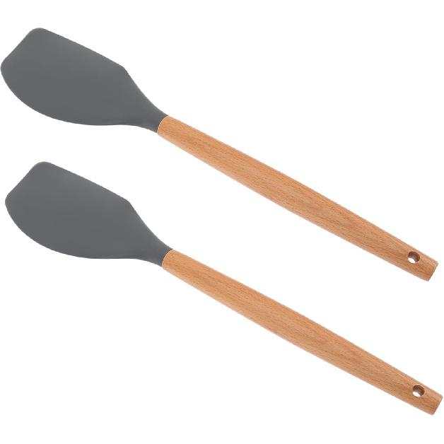 2 Pcs Black Silicone Spatula Set with Wood Handles - Nonstick Kitchen Utensils for Cooking Baking and Scraping