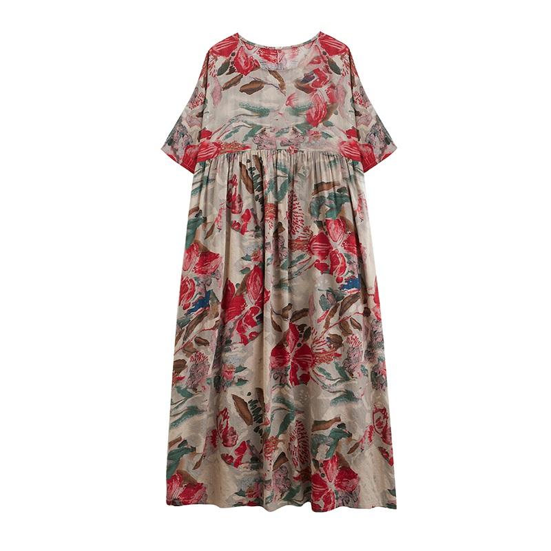 Kurzarm Plus-Size-Baumwolle im Vintage-Stil mit Blumenmuster, neu in Kleidern für Damen, lässiges, lockeres, langes Sommerkleid