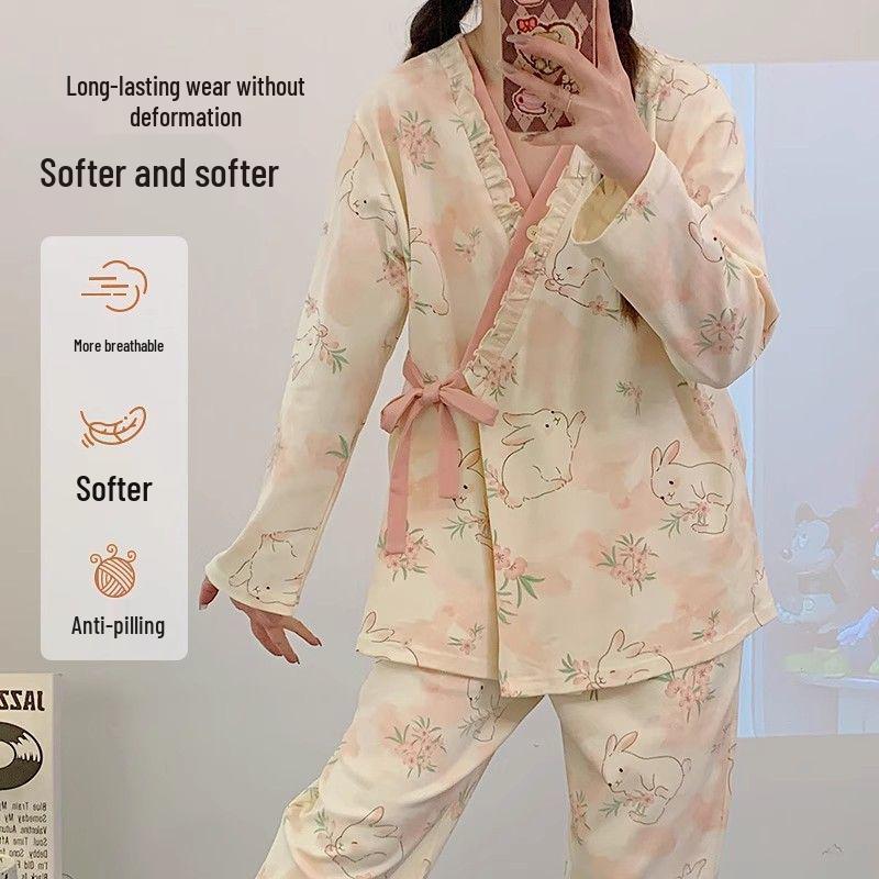 Two-Piece Pajama Set: V-Neck Lace-Up Cardigan with Long Sleeves and Pants, Spring/Autumn Print, Wearable at Home or Out, with Lapel.