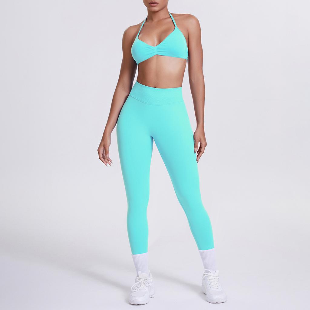 Seamless solid color beautiful back neck bra trousers yoga suit set tight running fitness two-piece set