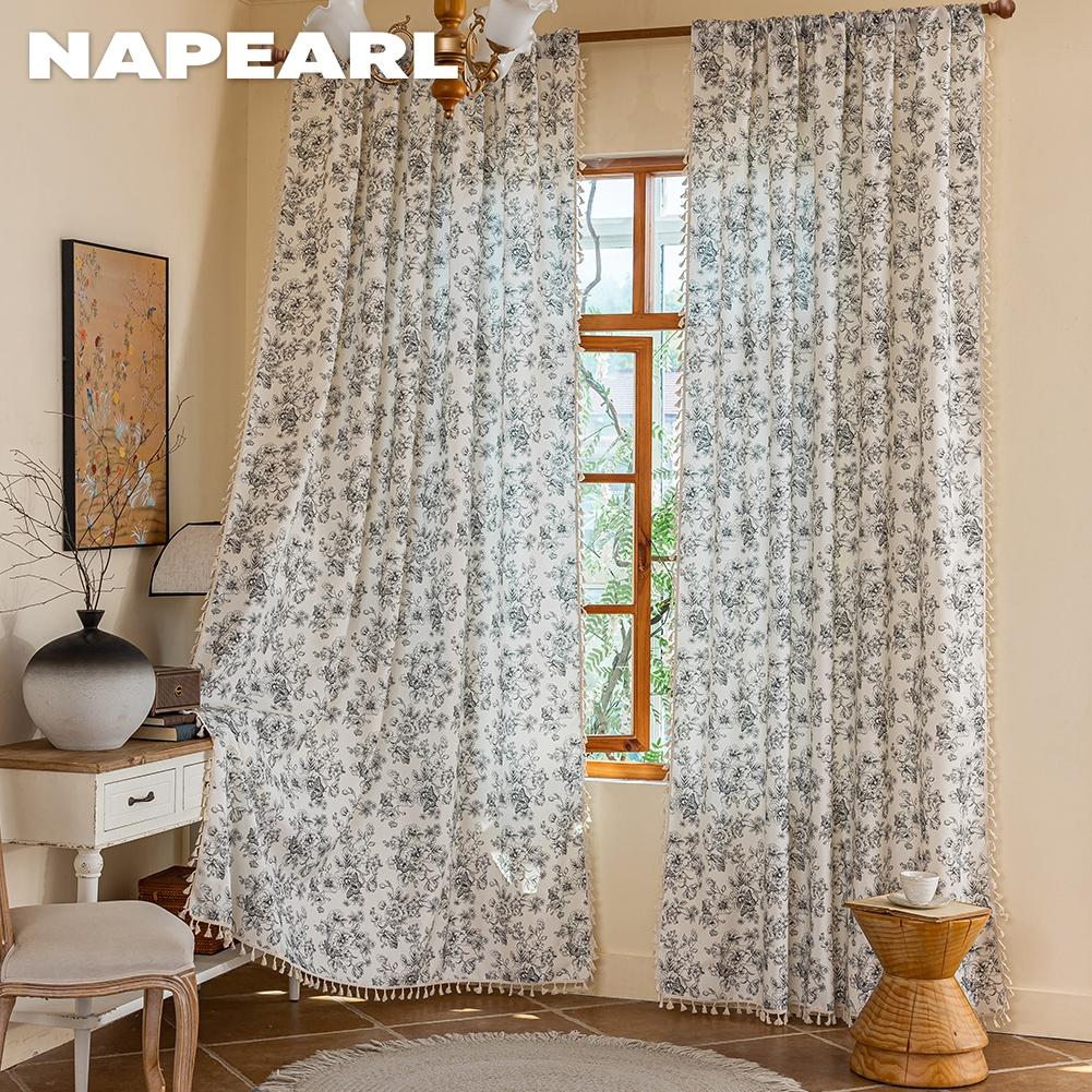 1PC NAPEARL Retro Black and White Floral Curtains with Tassel Edges and Semi Blackout Curtains for Window Kitchen Bedroom Living Room Home Decor