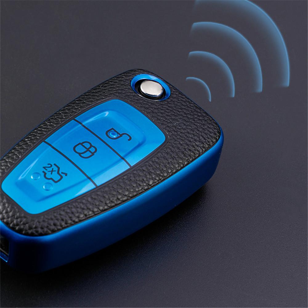 Leather TPU Car Key Case Cover for Ford Ranger C-Max S-Max Focus Galaxy Mondeo Transit Tourneo Custom Auto Key Holder Keychain