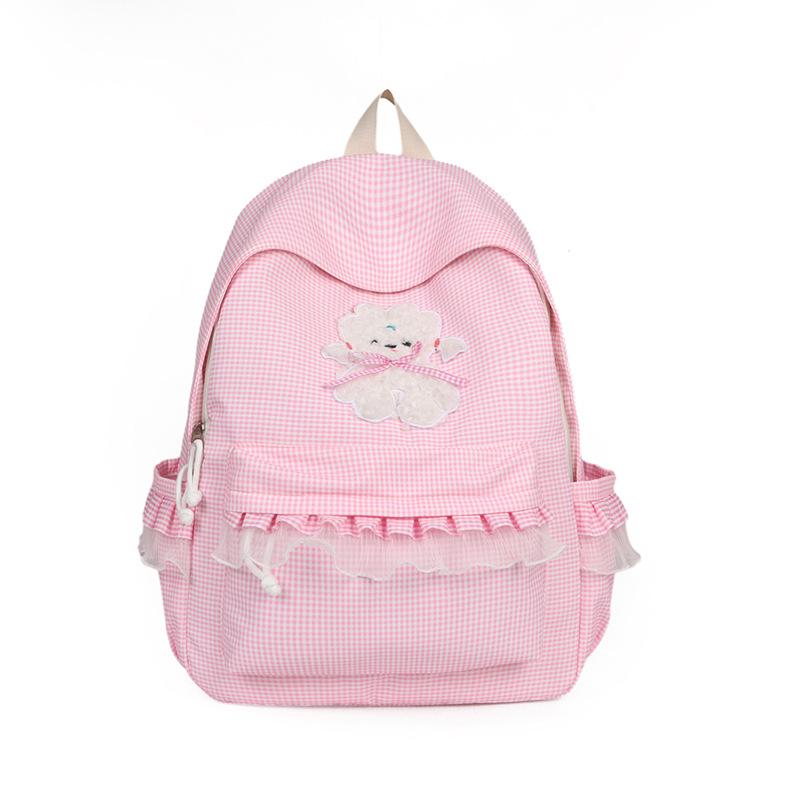 Schoolbag Small Fresh Lace Edge Backpack Female Elementary School Student Cartoon Plaid Versatile School Bag Junior High School Student Cute Girl Back