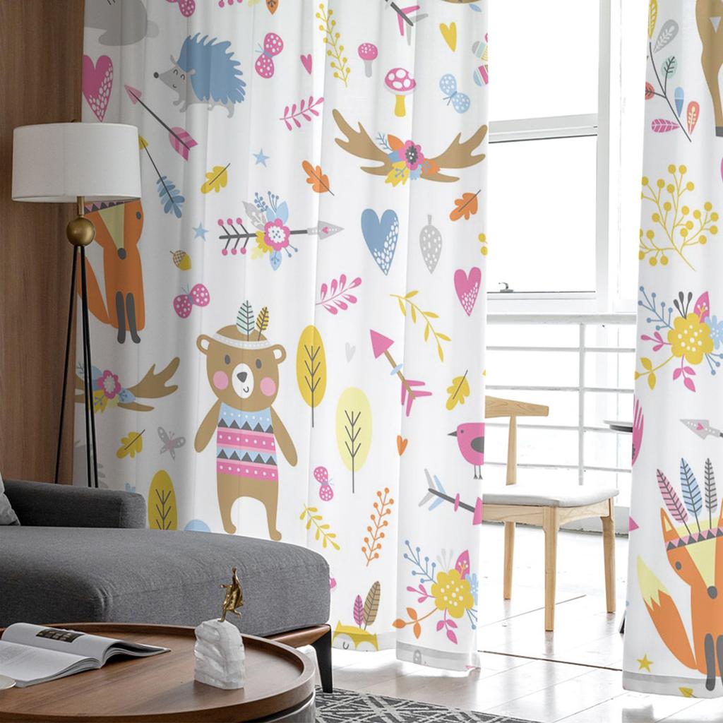 Autumn Forest Cartoon Animals Bear Fox Owl Sheer Curtains for Windows Tulle Curtains for Living Room Bedroom Children Room Decor