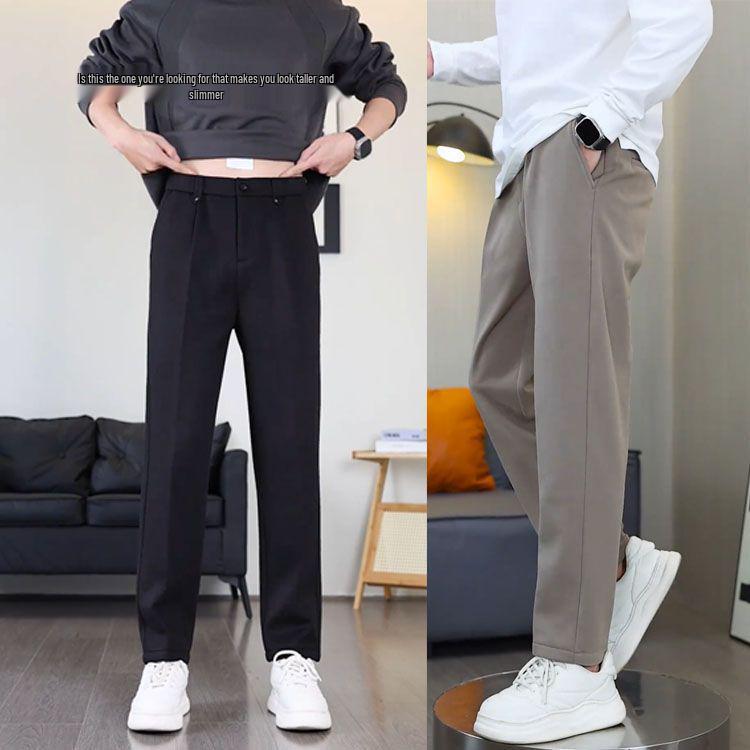 Men's Micro-Tapered Wool Suit Pants: Elastic Waist, Straight Leg, Wrinkle-Resistant, Slimming, Warm, Casual Trousers for Autumn & Winter.