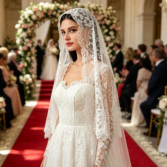 Lace Veil Mid-Length Shawl with Exquisite Lace Binding Elegant Head Scarf for Bridal Gothic Halloween Lolita Dress Matching