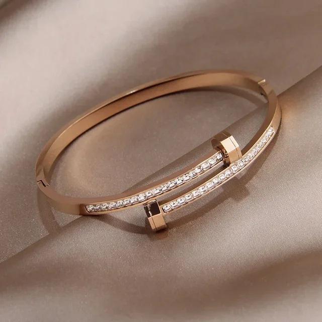 Exquisite Titanium Steel Nail Bangle with Micro-Paved Zircon - High-End Women's Fashion Bracelet