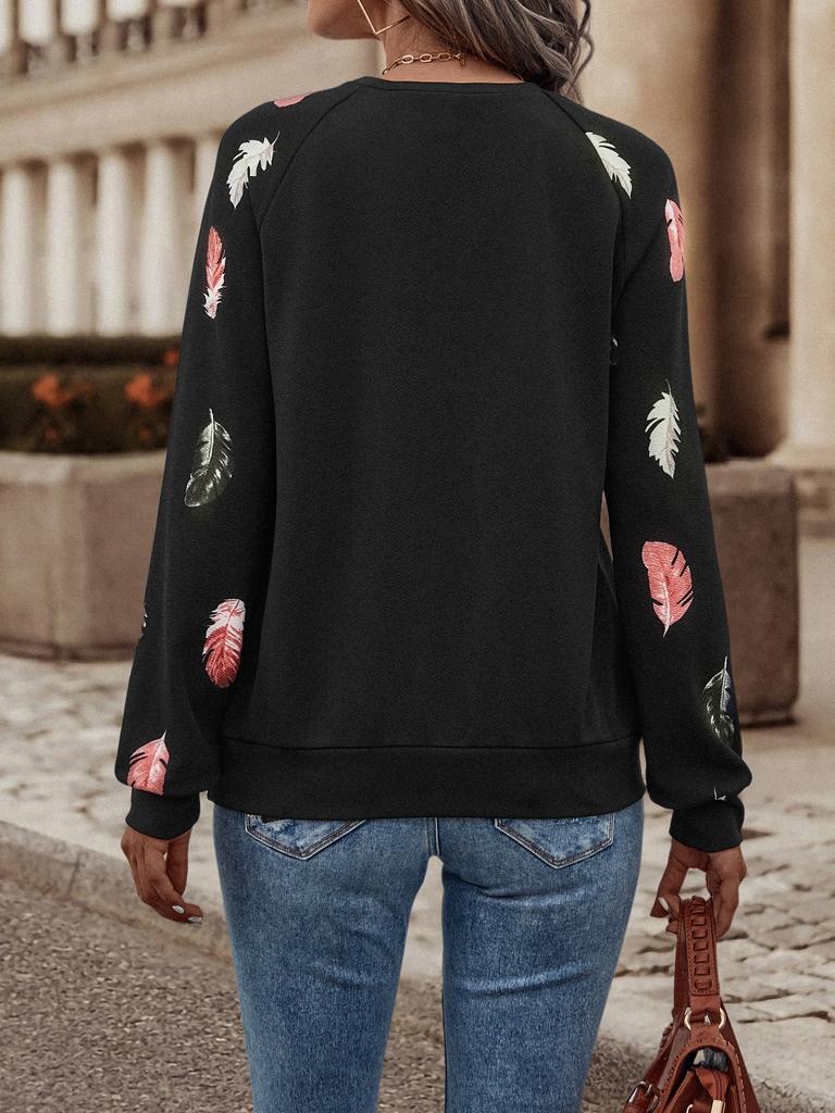 2026 New Fashion Womens Feather Print Sweatshirt Crew Neck Long Sleeve Casual Loose Pullover Autumn Winter Warm Top Woman Hoodie
