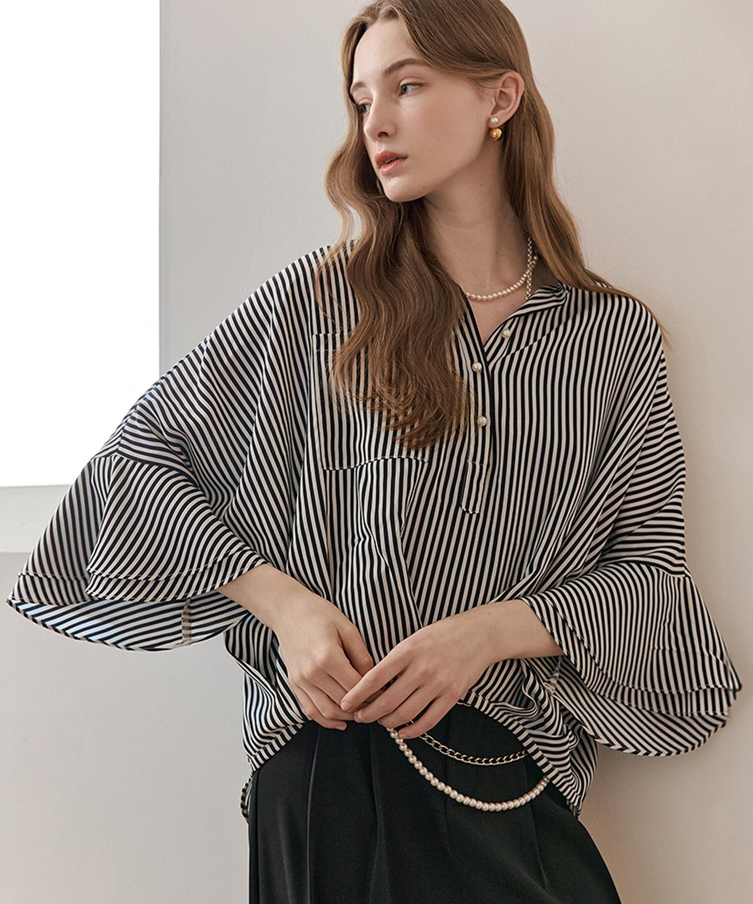 Maja Striped Pintuck Ruffle Sleeve Loose Fit Blouse Black/Free