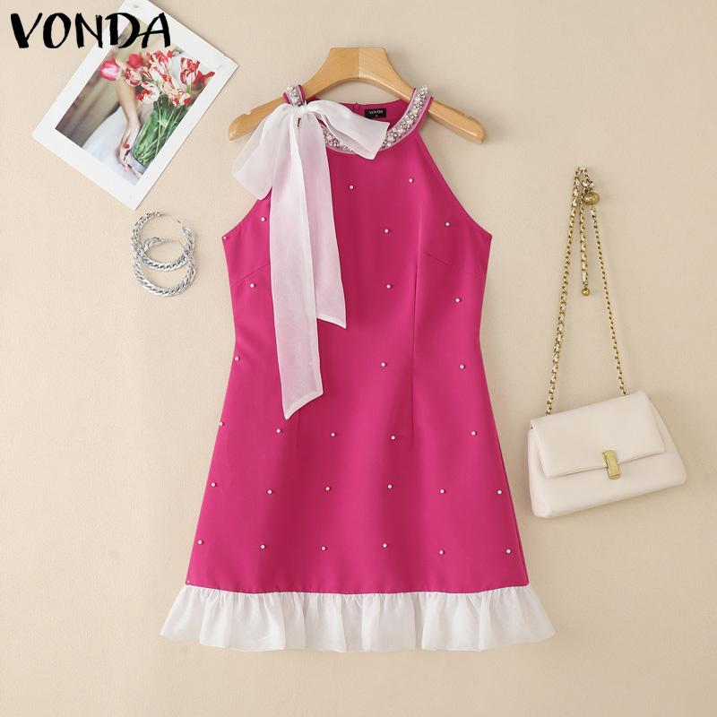

VONDA Women Bow Knot Sleeveless Sequin Beading Slim Waist Casual Mini Dress S темно-рожевого кольору