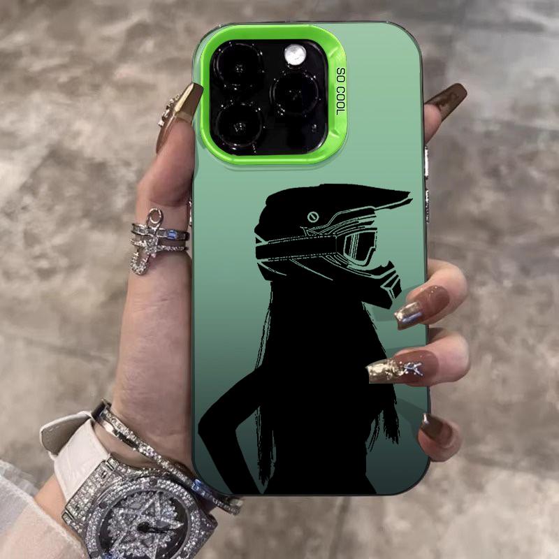 

Fashion Motorcycle Helmet Girl Silver IMD Phone Case for iPhone 11 12 13 14 15 16 17 Air Pro Max Plus XS XR 16E Shockproof Cover iPhone XR