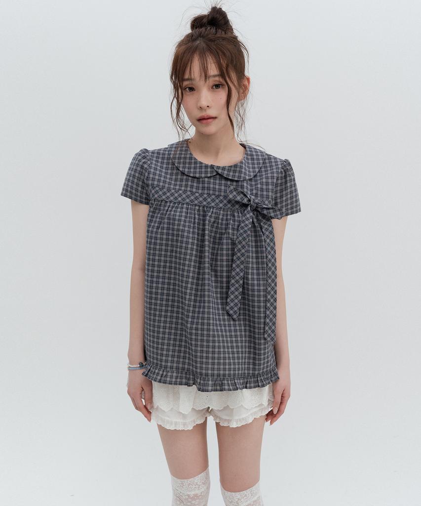 HIGH SCHOOL DISCO Check Ribbon Round Collar Blouse