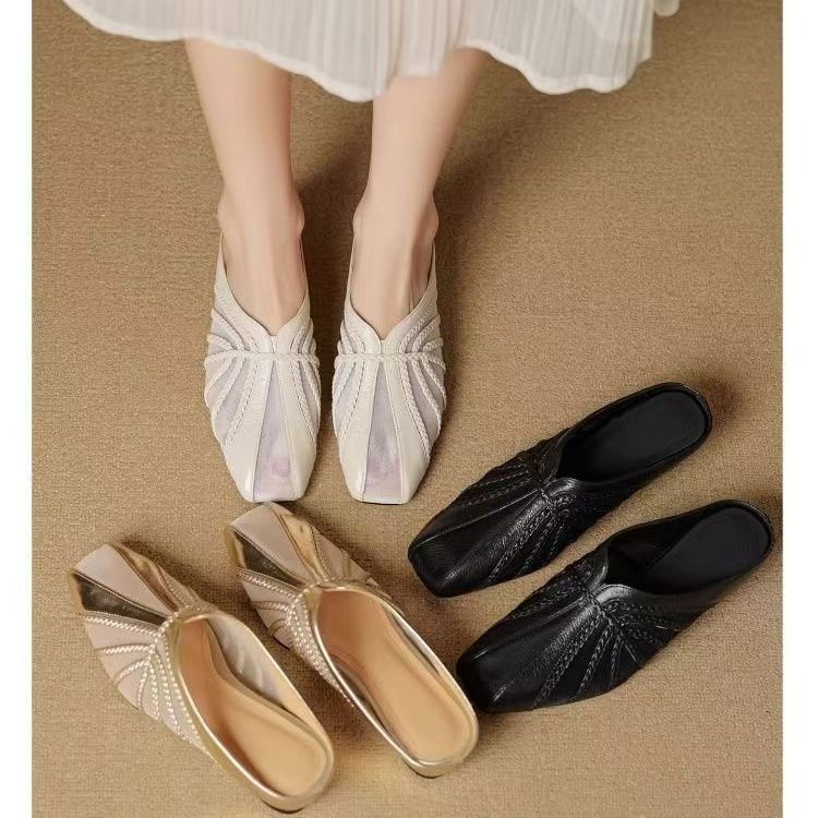 French Light Luxury Mesh Yarn Breathable Bag Head Half Slippers Women's 2025 New New Chinese Square Head Inner Height Increase Medium Heel Sandals