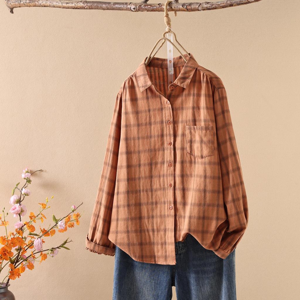 Women's Long Sleeve Japanese Style Plaid Shirt - Double-layer, Skin-friendly, Breathable Pure Cotton