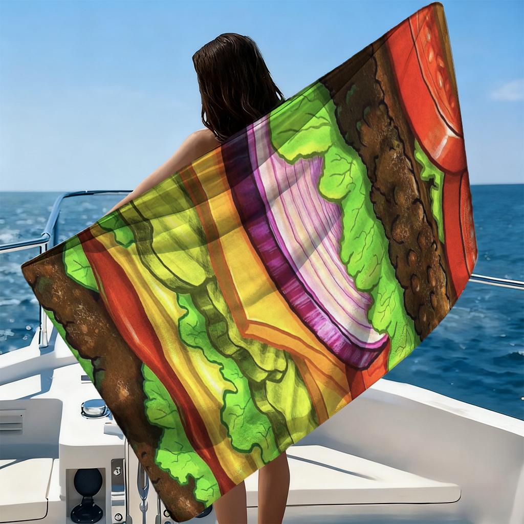 1PC Cartoon Hamburger Beach Towel Quick-drying Towel Suitable for Seaside Pool Camping Vacation Yoga For Family Friends Children