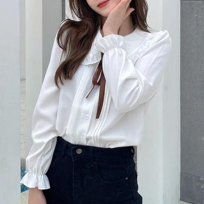 2024 moda feminina camisa branca manga longa elegante chiffon blusa mulher gola arco coreano doce senhora topos roupas blusas 24163