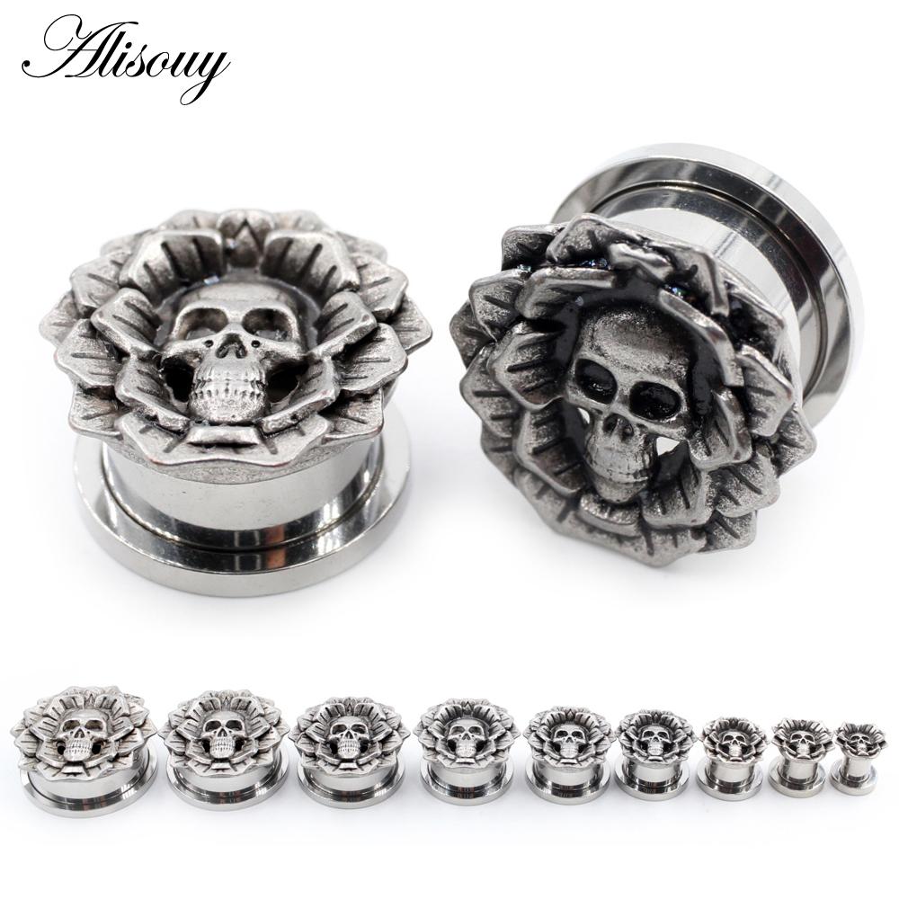 Alisouy 2 bucăți 6-25 mm retro din oțel inoxidabil craniu floare deșurubați tuneluri urechi dopuri expansor targă calibre corp piercing bijuterii