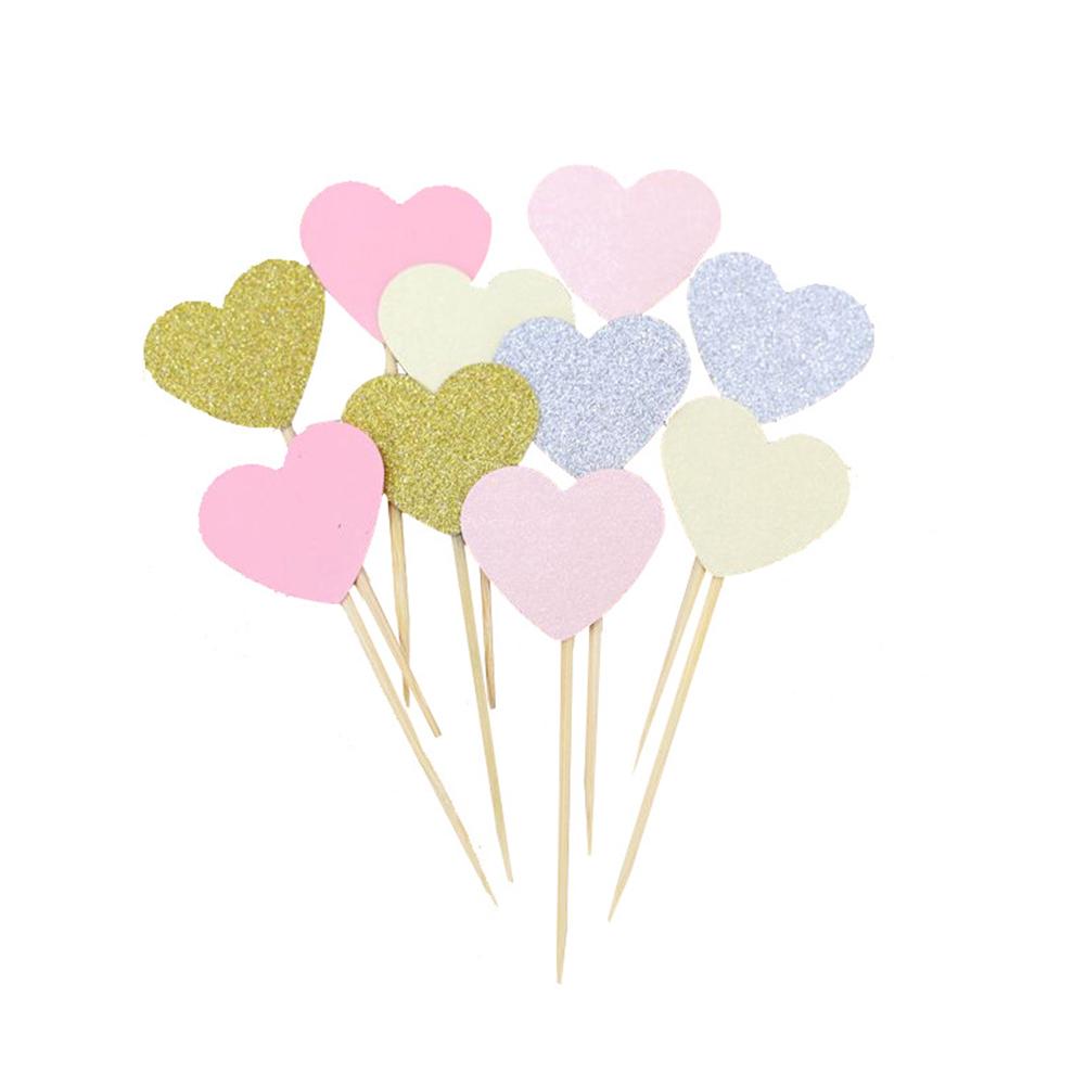 30pcs Cupcake Decorating Disposable Party Tableware Fruit Dessert Sticks Fun Pink Heart Glitter Mini Birthday Wedding Supplies
