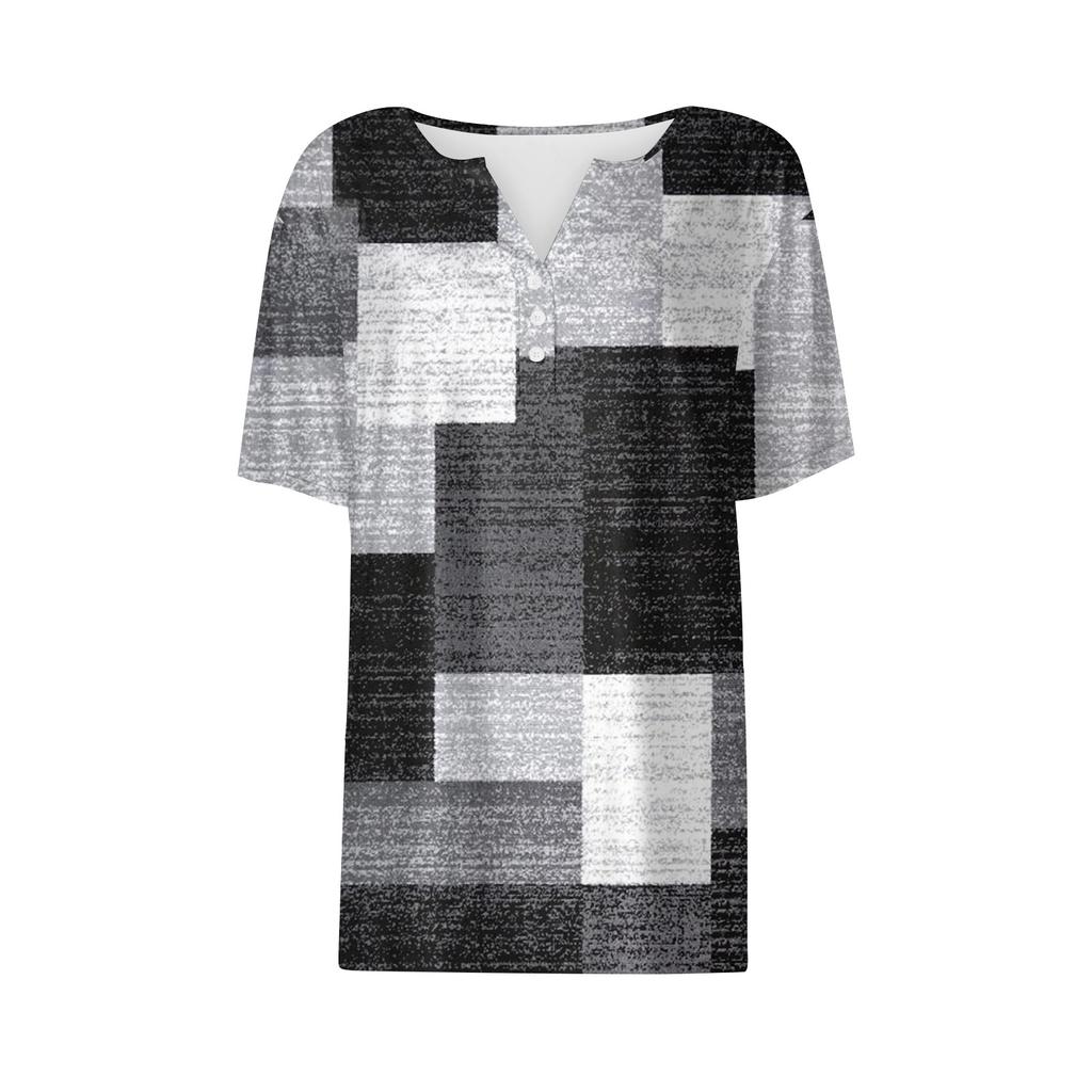 Women's Fashion Casual Geometric Printed T-Shirt V-Neck Short Sleeve Button Top