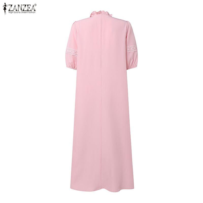 ZANZEA Women Casual Round Neck Elegant Lace Patchwork Short Sleeve Long Dress
