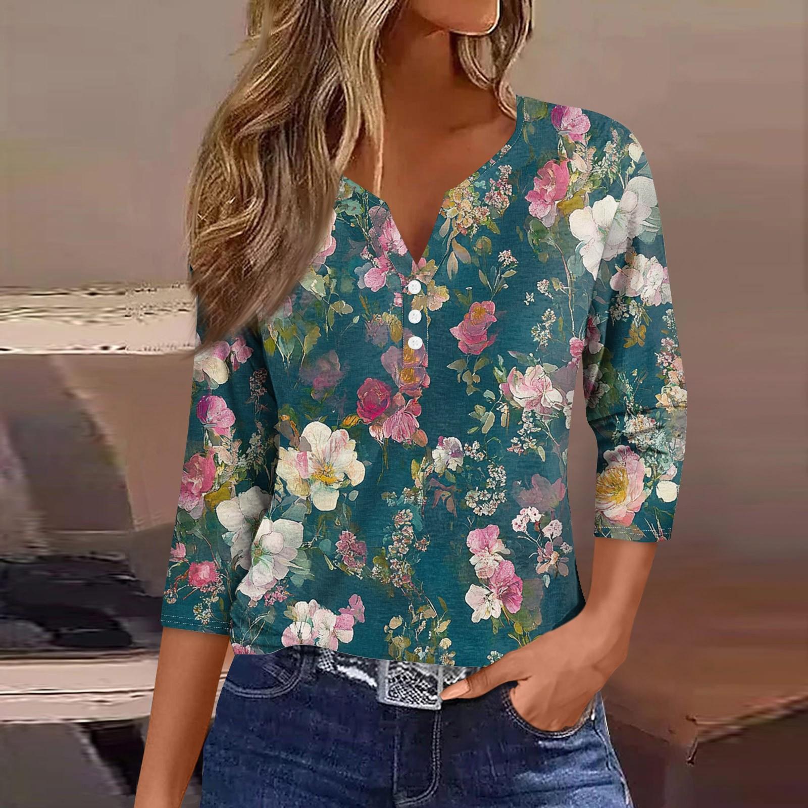 

Женская модная повседневная футболка с цветочным принтом, V-образным вырезом, коротким рукавом, декоративными пуговицами и рукавом три четверти M светло-серый