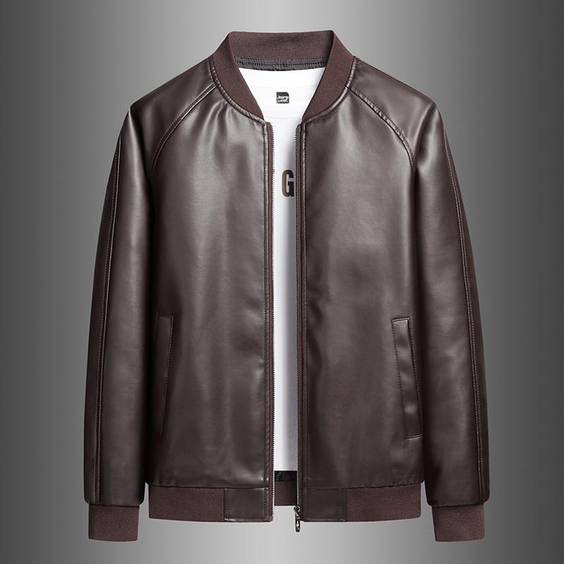 

Men s Stand Collar PU Motorcycle Jacket - Windproof, Warm, Trendy, and Versatile for Spring and Autumn 2XL кавовий