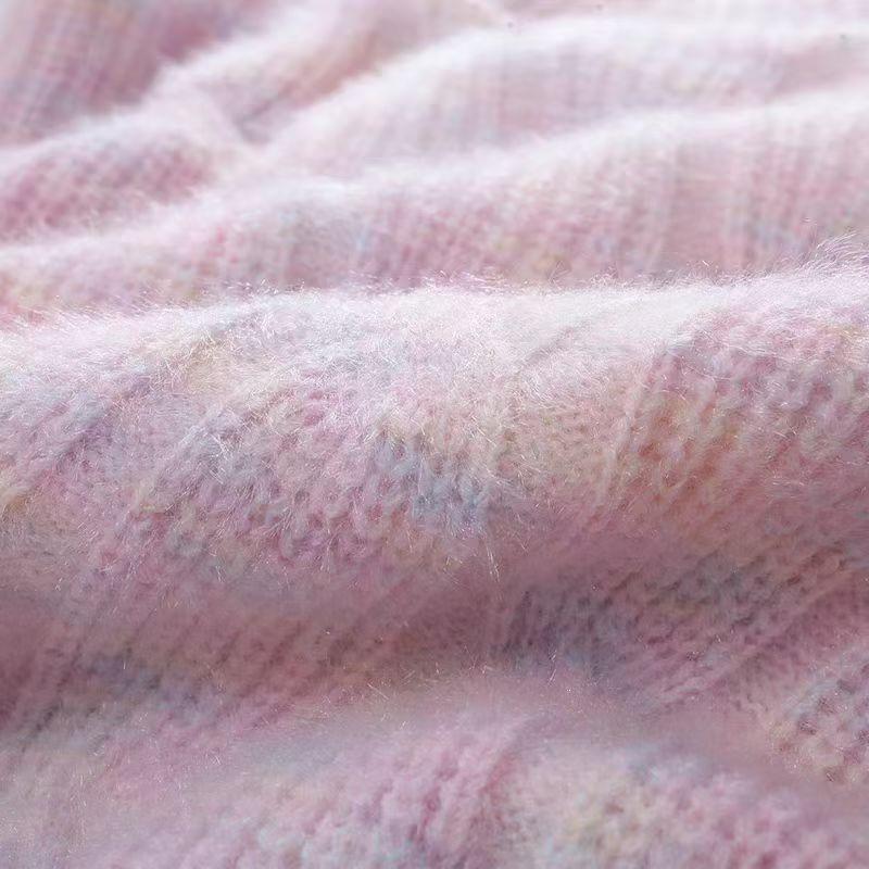 Women's V-Neck Gradient Rainbow Knit Cardigan - Loose-Fit Cable Knit Jacket for Spring & Autumn