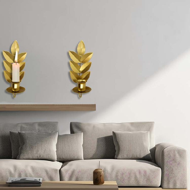 European Wheat Leaf Shape Wall Candle Sconce Holder Retro Metal Hanging Candlestick for Soft Illuminating Party Decors
