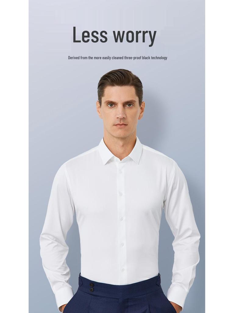 Men's Pure White Non-Iron Long-Sleeve Shirt: Stain-Resistant, Stretch, Professional Business Casual