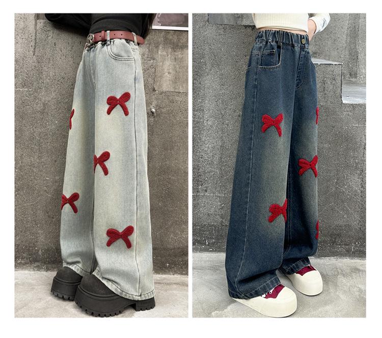 Girls' Chenille Bow Embroidered Fleece-lined Wide-leg Jeans - Stylish Autumn/Winter Slimming Pants