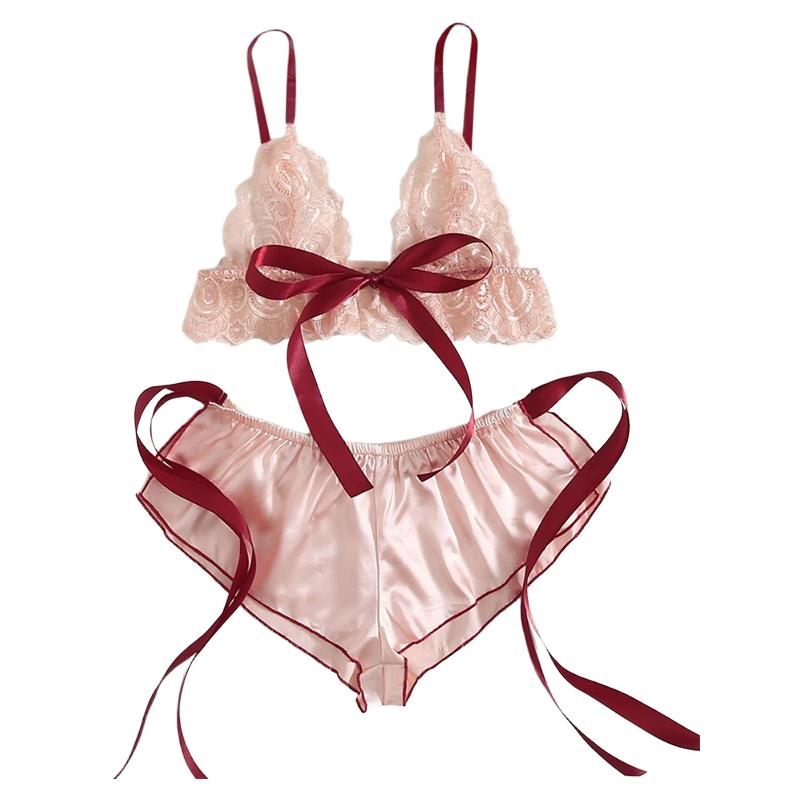 Women Pajama Satin Sleepwear Bra Camisole Night-clothes Summer Bow Ribbon Polyester Lace Ruffle Solid Color 2pcs/set