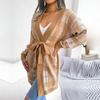 Autumn Winter Women Plaid Knitted Cardigan Sweater with Lantern Sleeve and Strap