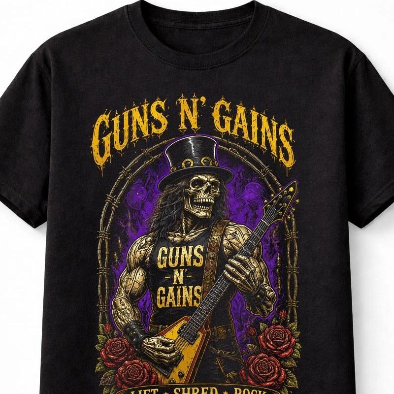 Guns N Gains Skeleton Guitar Rock Metal Skull Unisex TShirt S