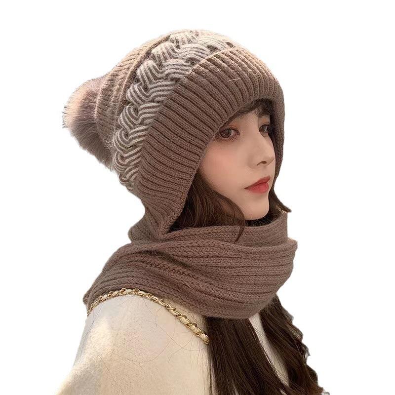 Hat Women's Scarf Integrated Autumn and Winter Warm Versatile Wool Hat Fashion Trendy Fleece Thickened Knitted Hat