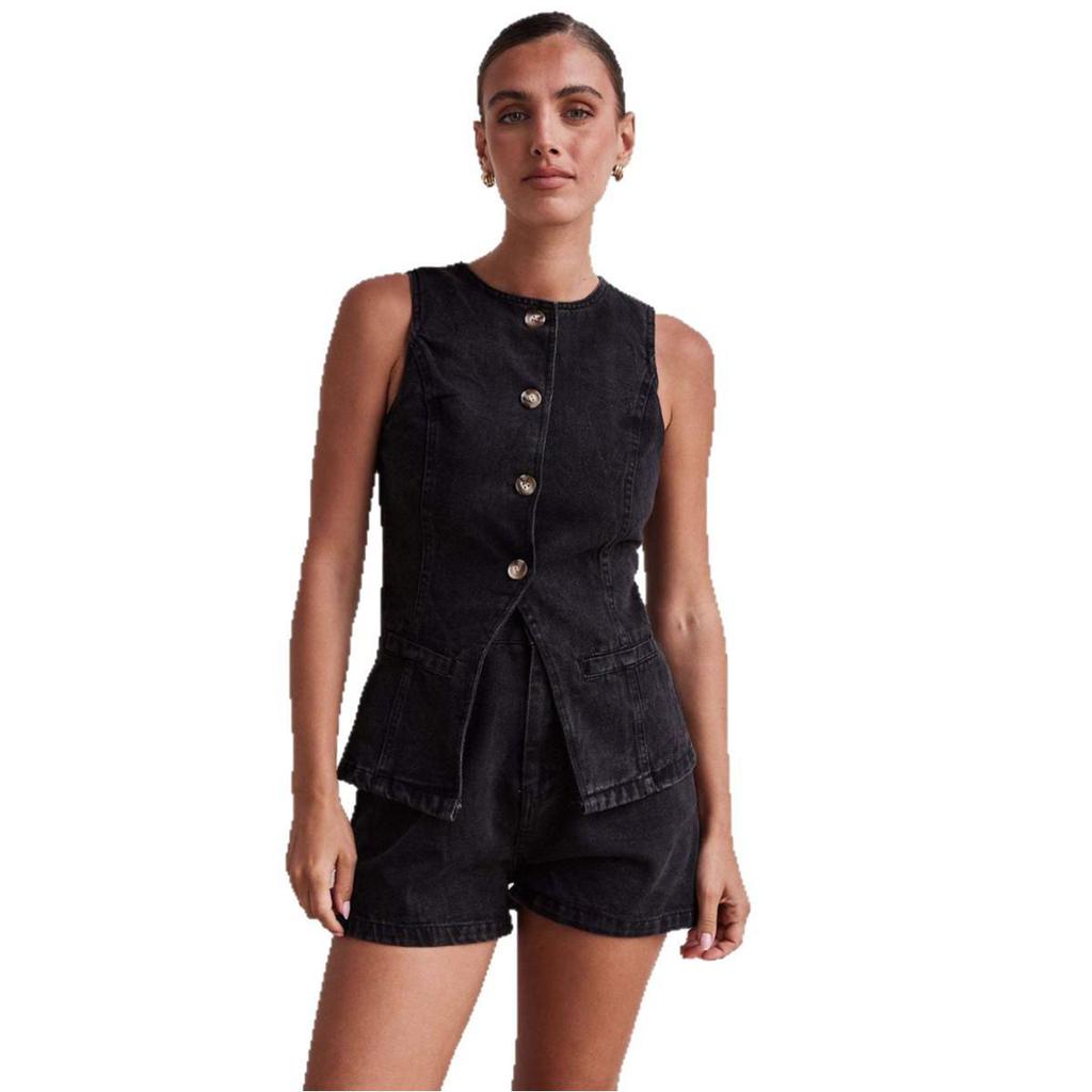 Spring/Summer 2025 European & American Fashion Sleeveless High Waist Loose Denim Shorts Set
