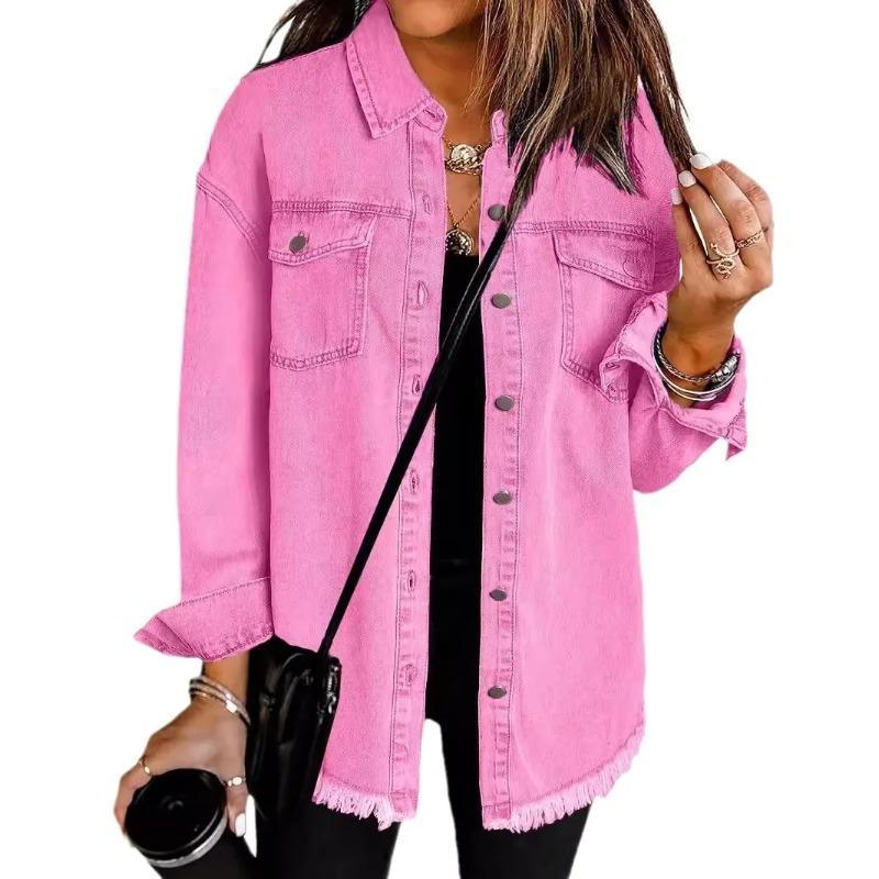 Washed Denim Jacket Women Autumn Tassel Lapel Jeans Female Casual Loose Long Sleeve Single Breasted Outerwear Shirts Coat