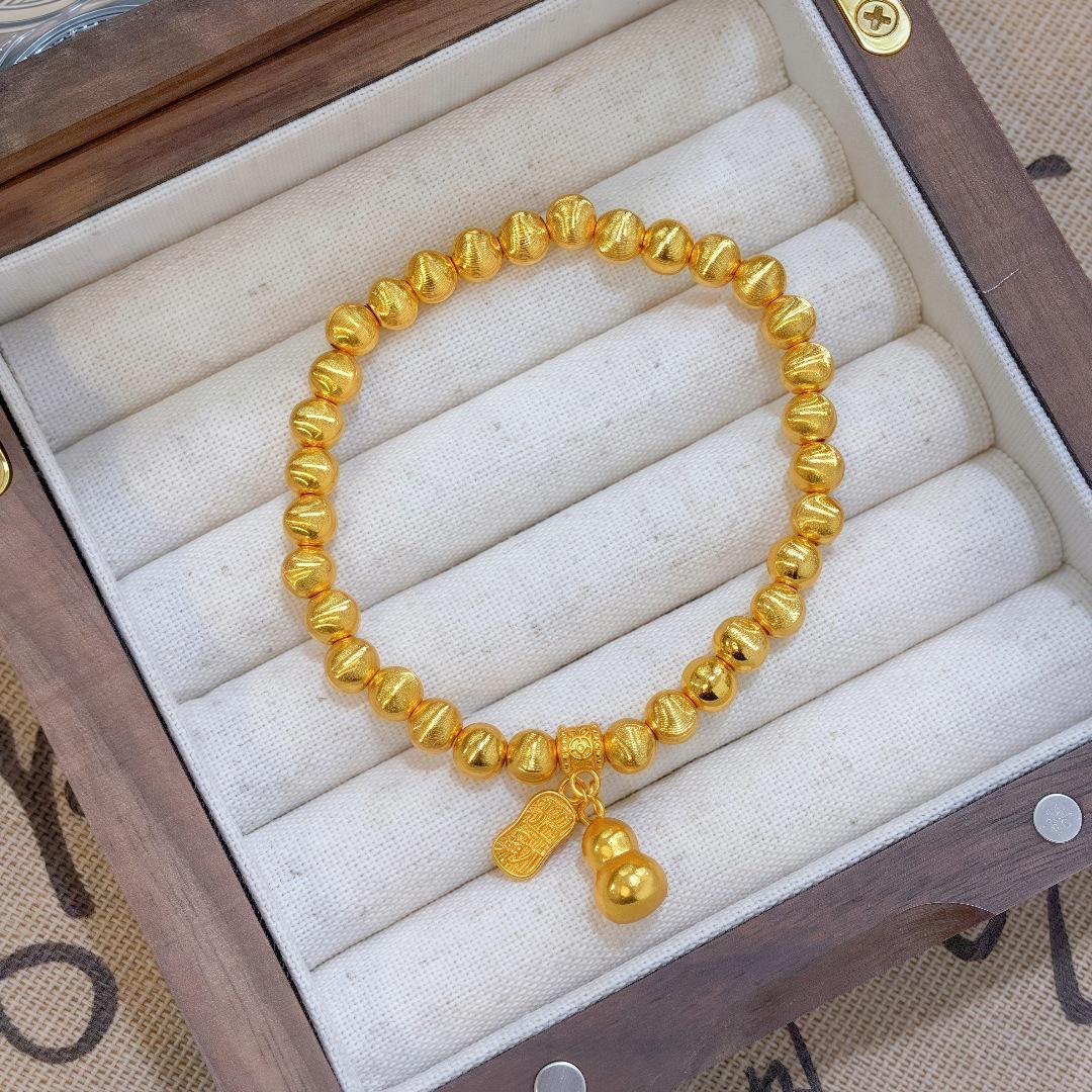 Gold-Tone Auspicious Cat s Eye Gourd Bead Bracelet for Women - Elegant Light Luxury Design
