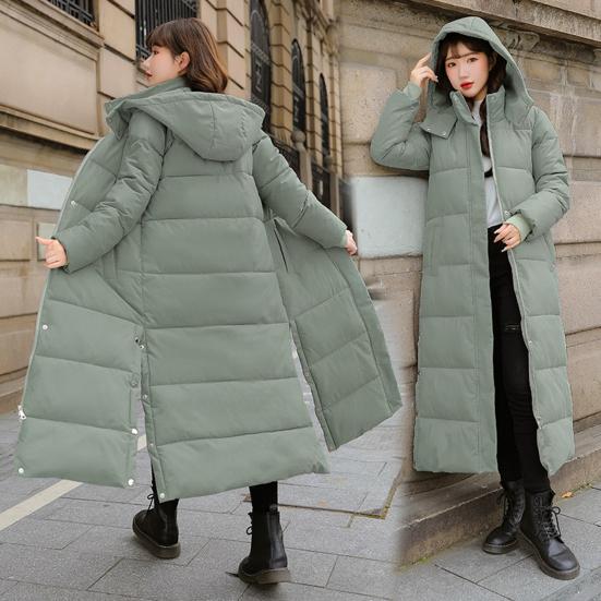 Damen Baumwollmantel mit Kapuze, langen Ärmeln, Taschen, seitlichem Schlitz am Saum, Daunenjacke, einfarbige Taschen, verdickte lässige Oberbekleidung