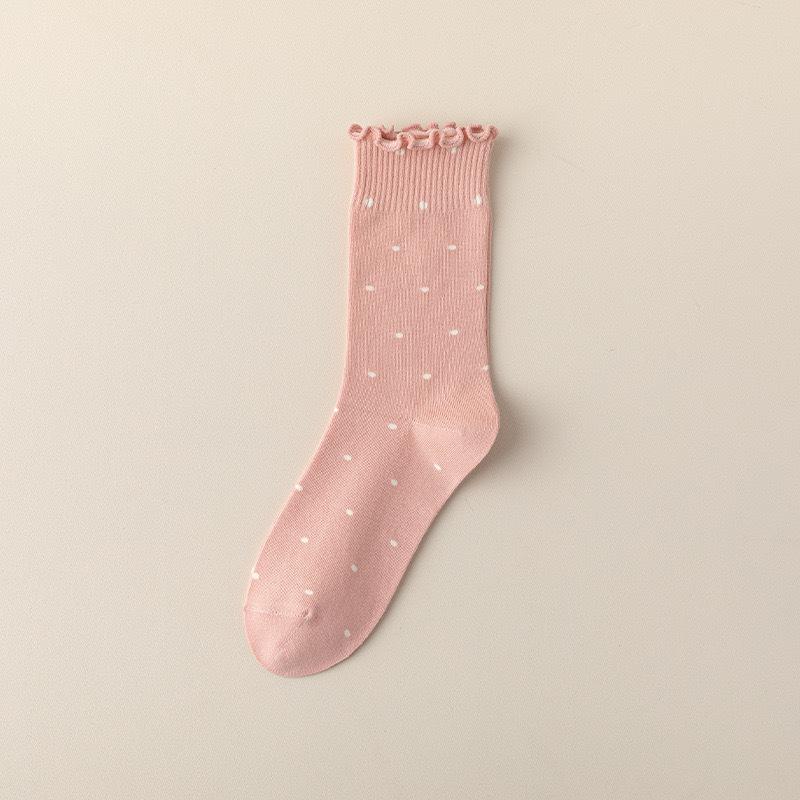 Women's Japanese Style Mid-Calf Cotton Lace Socks, Ruffle Edge, Polka Dot, Versatile for Spring to Autumn