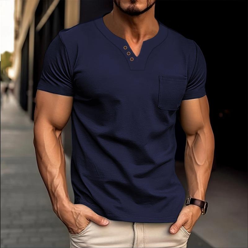 Mens V Neck Short Sleeve Solid Color Loose Fit T Shirt