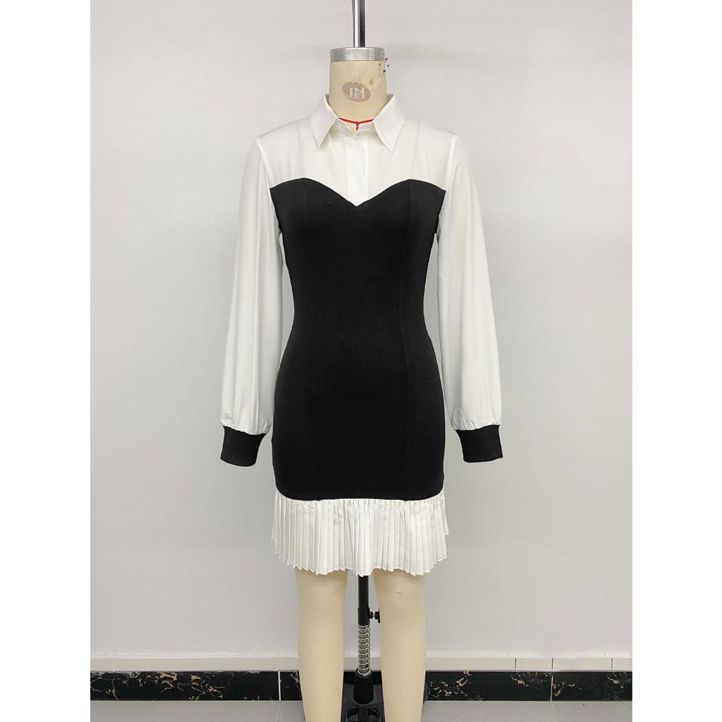 2025 Neues Damen Puffärmel Hemdkleid, Reverskragen Zweifarbig A-Linien Rock mit Schwarz-Weiß Colorblock, Vielseitiges Büro- bis Partykleid für den Herbst