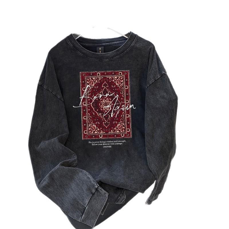 Szykowny Retro Oversize 100% Bawełna Koszulka z Długim Rękawem - Styl Europejski i Amerykański