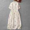 Women's Embroidered Linen Cotton Shirt Dress Casual Turn-Down Collar Short Sleeve Waist Tie Midi Dress