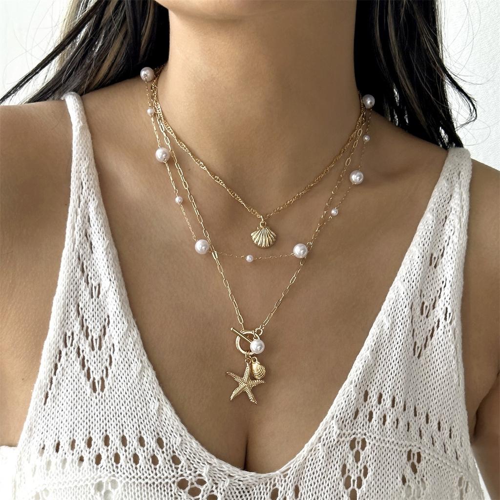 Mehrschichtige Keramik Seestern Muschel Schnecke Seepferdchen Quaste Halskette Für Frauen Männer Imitation Perlen Choker Sommer Ozean Strand Schmuck