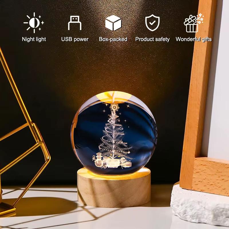 Christmas 3D Crystal Ball Night Lamp USB Santa Claus Engraved Glass Light Wooden Base Xmas Decor Gift for Home Office Desktop